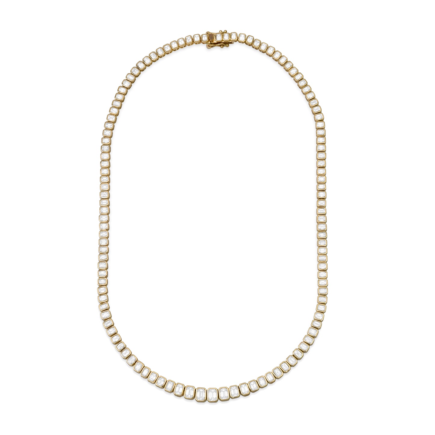 14K yellow gold Emerald Cut Diamond Tennis Necklace by Sig Ward Jewelry, featuring emerald-cut natural diamonds in a timeless luxury tennis necklace design.
