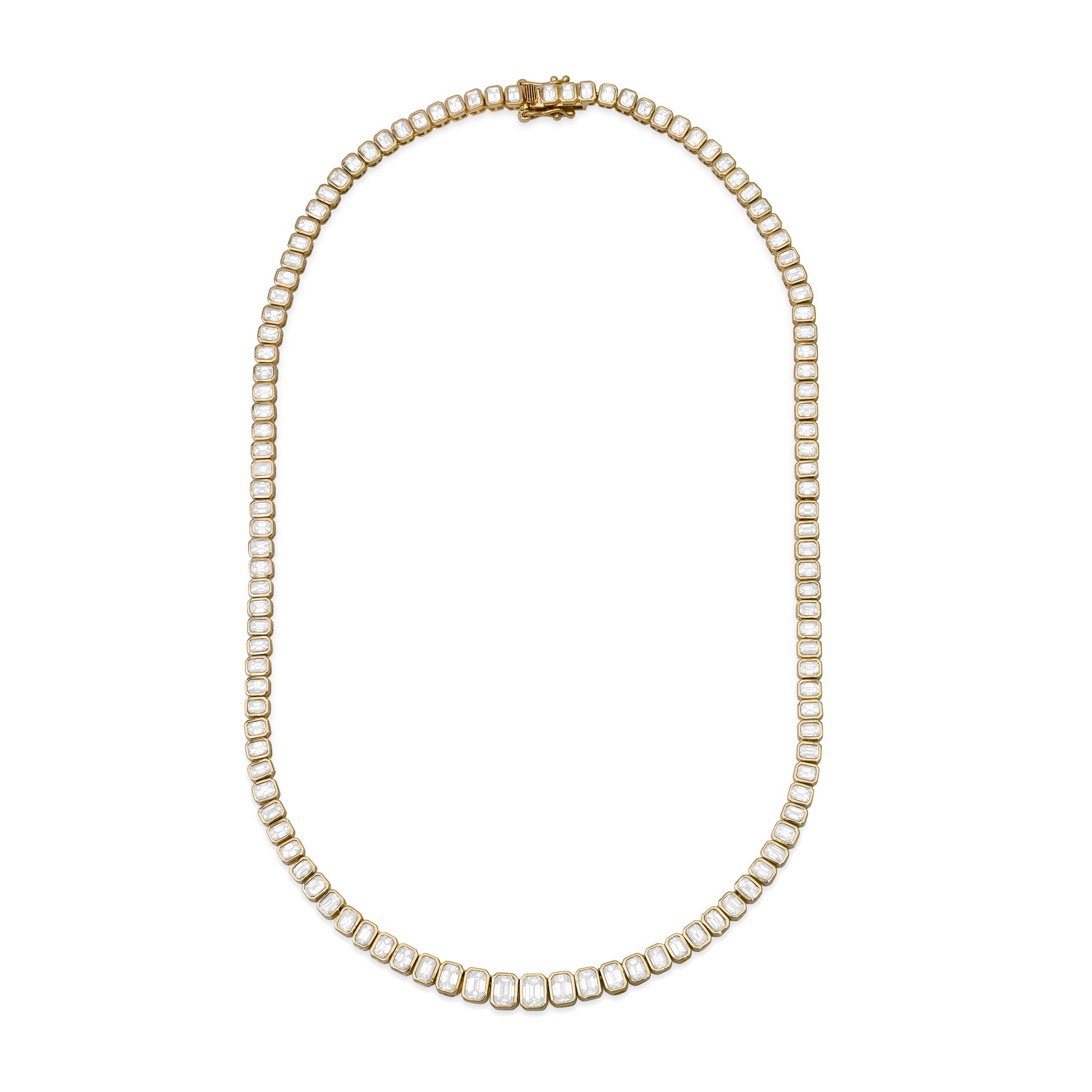 14K yellow gold Emerald Cut Diamond Tennis Necklace by Sig Ward Jewelry, featuring emerald-cut natural diamonds in a timeless luxury tennis necklace design.