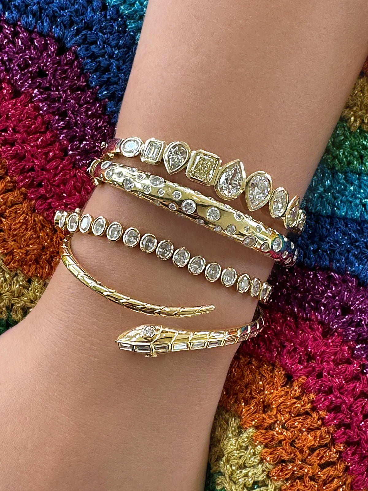 Sig Ward Jewelry 18K YG Baguette Diamond Snake Bangle on model