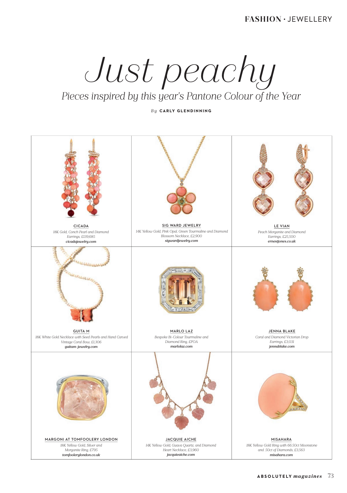Sig Ward Jewelry Absolutely Magazine editorial featuring a 14K yellow gold Pink Opal, Green Tourmaline and Diamond Blossom Necklace showcasing natural gemstones, diamond accents, and handcrafted luxury fine jewelry with a modern heirloom-inspired design.