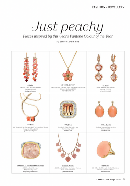 Sig Ward Jewelry Absolutely Magazine editorial featuring a 14K yellow gold Pink Opal, Green Tourmaline and Diamond Blossom Necklace showcasing natural gemstones, diamond accents, and handcrafted luxury fine jewelry with a modern heirloom-inspired design.