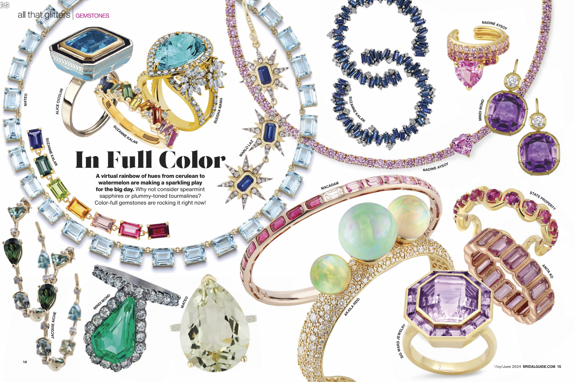 Sig Ward Jewelry featured in Bridal Guide's "All That Glitters: Gemstones in Full Color," showcasing luxury fine jewelry with vibrant colored gemstones and modern heirloom-inspired craftsmanship.