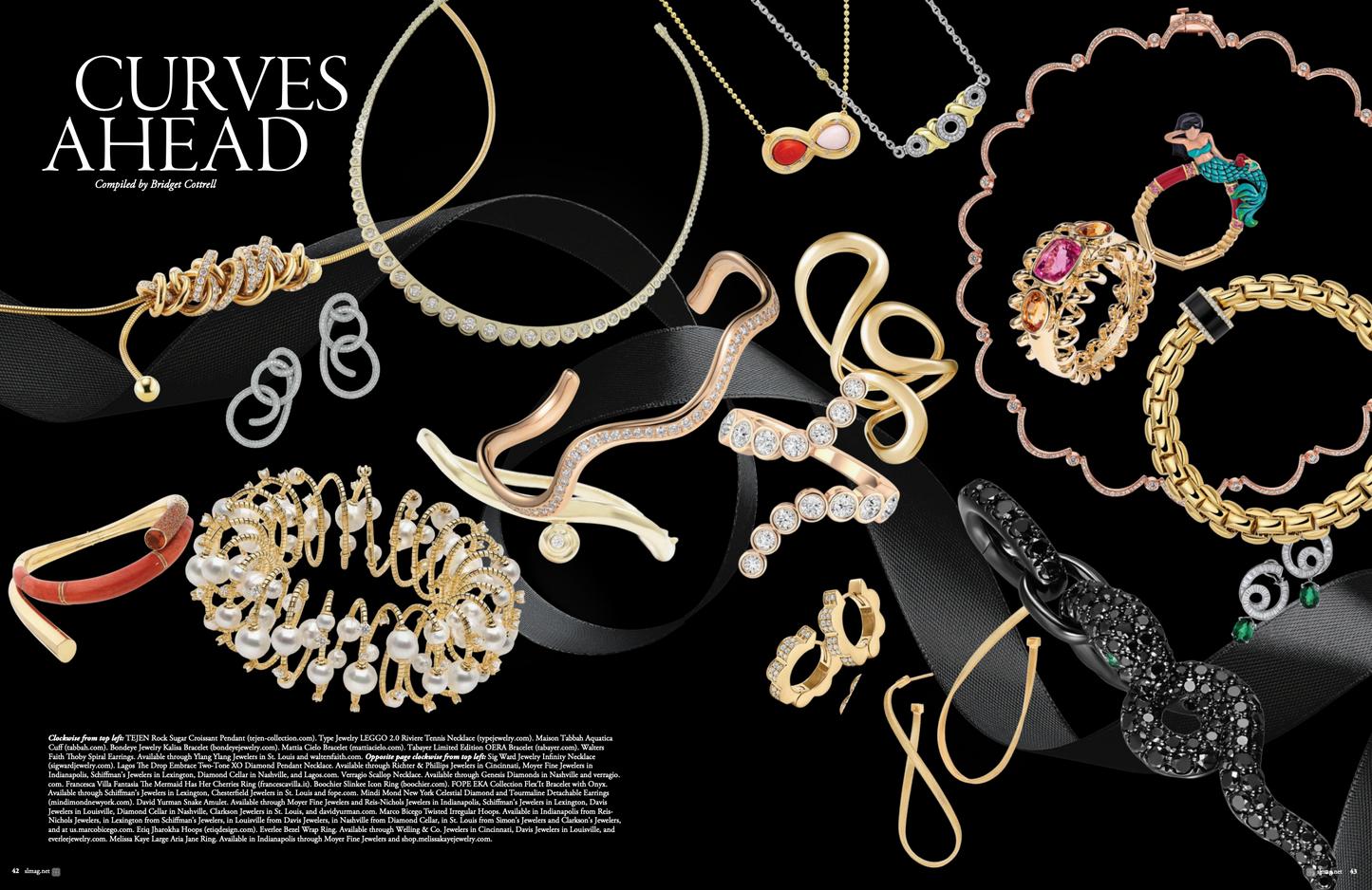 Editorial image from Curves Ahead Magazine featuring the 14K yellow gold Pink Opal, Coral, and Diamond Infinity Necklace by Sig Ward Jewelry, showcasing natural pink opal and coral gemstones with diamond accents in an elegant infinity pendant design.