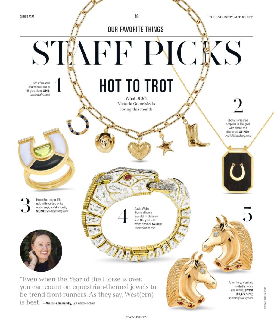 Sig Ward Jewelry Ebony Horseshoe pendant necklace featured in a magazine staff picks editorial, showcasing an 18K gold horseshoe on an ebony and diamond pendant.