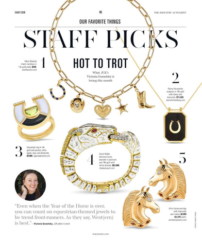 Sig Ward Jewelry Ebony Horseshoe pendant necklace featured in a magazine staff picks editorial, showcasing an 18K gold horseshoe on an ebony and diamond pendant.