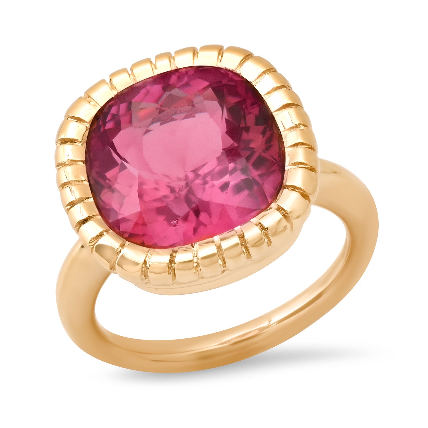 Sig Ward Jewelry Eros Cushion Cut Pink Tourmaline Ring featuring a vibrant cushion cut pink tourmaline set in an elegant fine jewelry design with timeless craftsmanship.