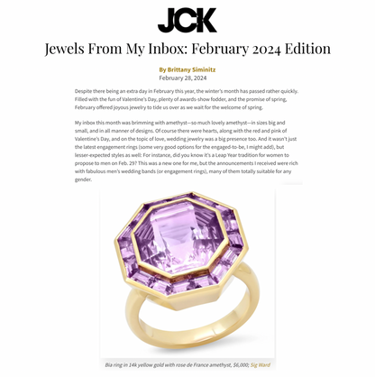 Sig Ward Jewelry 14K yellow gold Bia Ring with Rose de France amethyst featured in JCK Jewels From My Inbox, showcasing handcrafted luxury fine jewelry with a modern heirloom-inspired design.