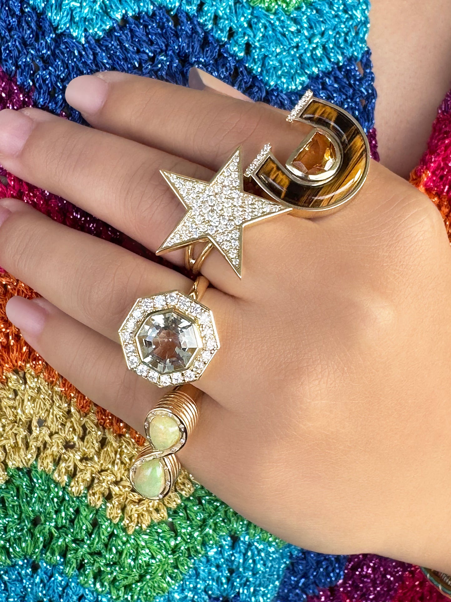 Sig Ward Jewelry Lifestyle 14K YG Medium Citrine, Tiger's Eye and Diamond Horseshoe Ring featuring a vibrant citrine gemstone, tiger's eye accents, and diamond details set in a luxurious yellow gold horseshoe ring design.