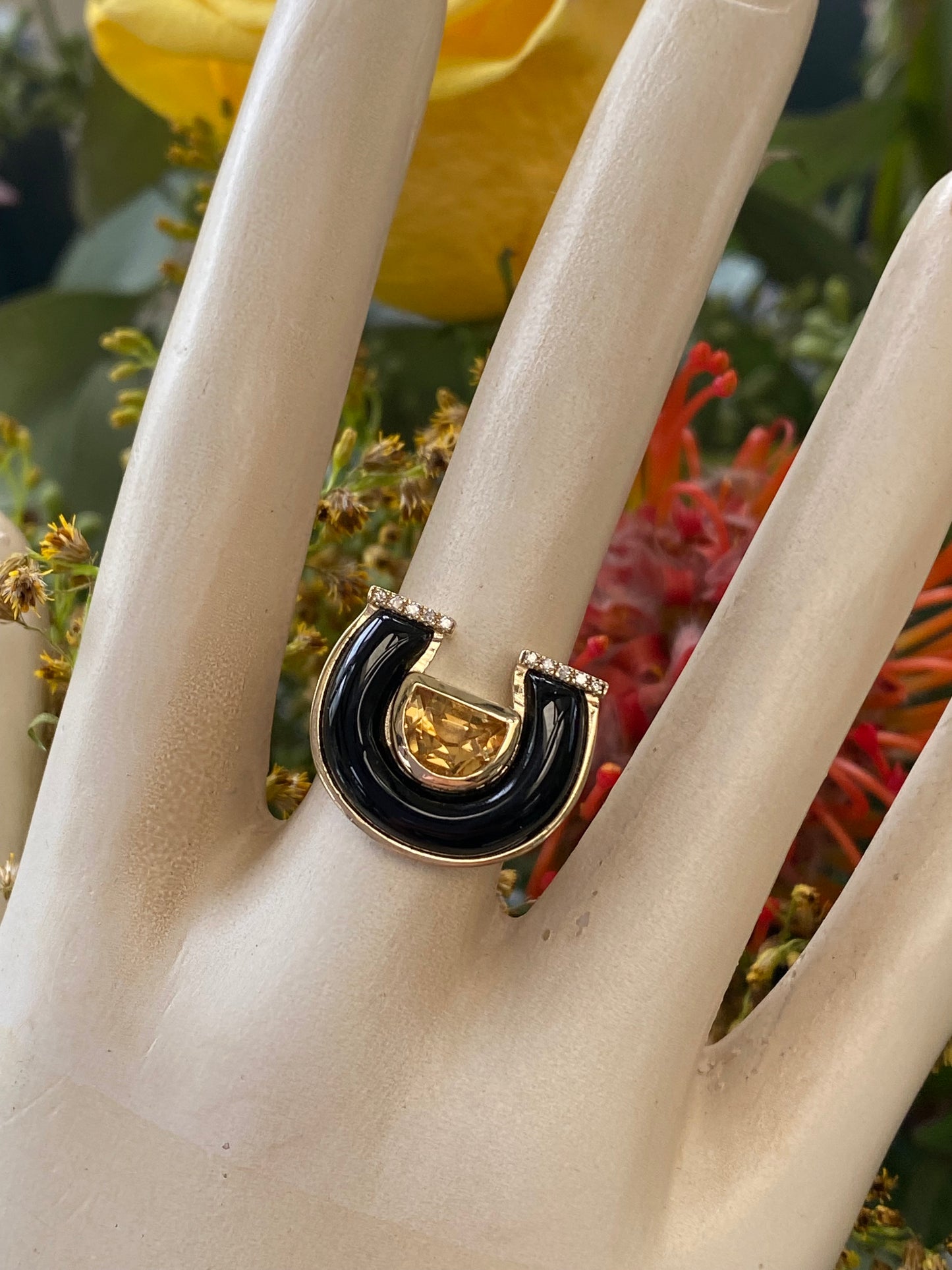 14K Yellow Gold Horseshoe Ring Featuring Citrine, Onyx, And Diamond Accents By Sig Ward Jewelry.