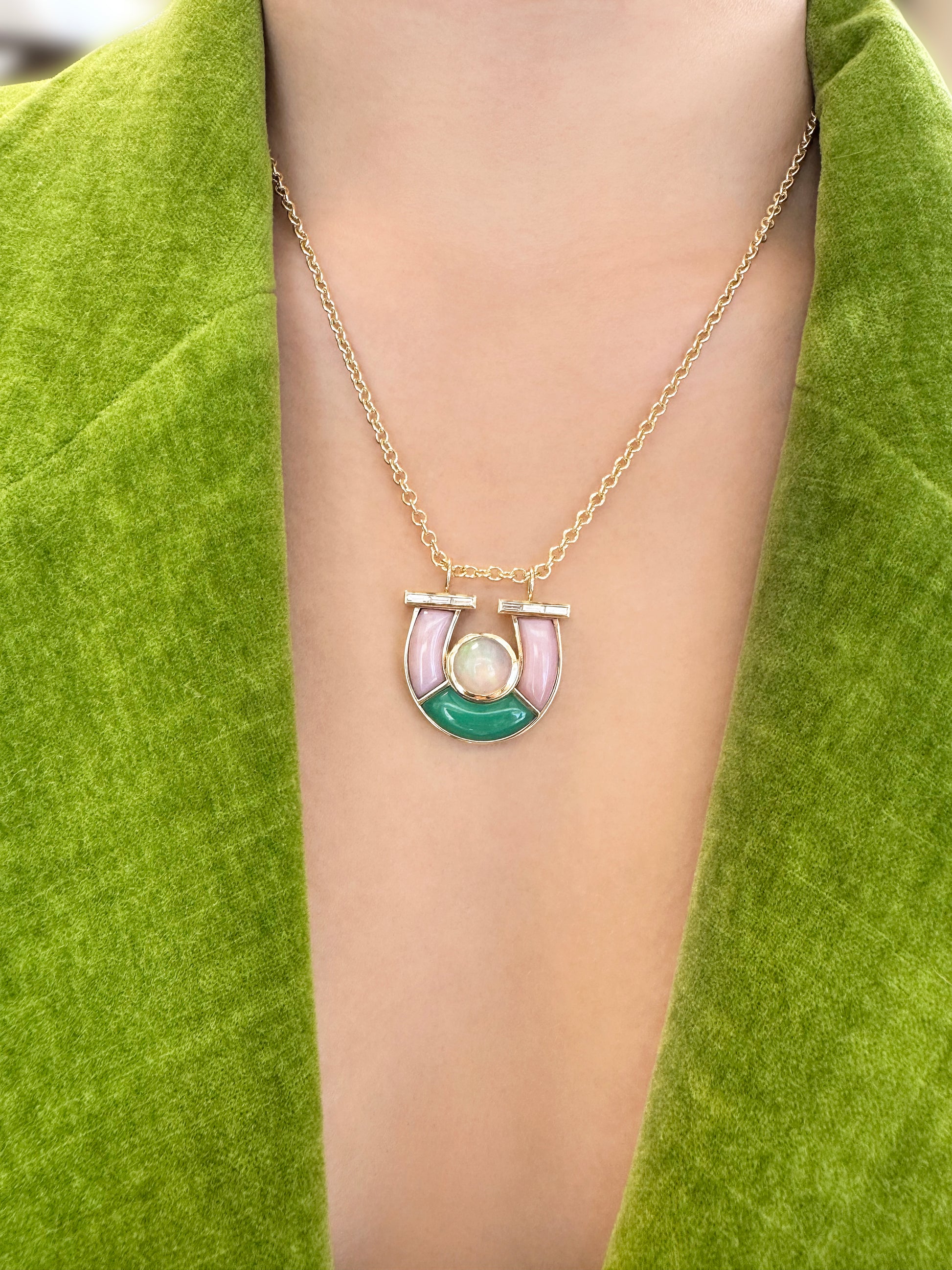 Sig Ward Jewelry Lifestyle 14K YG Jumbo Opal, Chrysoprase, Pink Opal and Baguette Diamond Horseshoe Necklace featuring vibrant opal gemstones, chrysoprase accents, and baguette diamond details set in a luxurious yellow gold horseshoe pendant design.