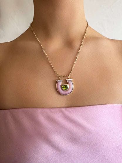 Sig Ward Jewelry Lifestyle 14K YG Jumbo Peridot, Pink Opal and Baguette Diamond Horseshoe Necklace featuring peridot, pink opal, and baguette diamonds in a polished 14K yellow gold horseshoe pendant, styled for everyday luxury.