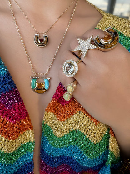 Sig Ward Jewelry Lifestyle 14K YG Medium Citrine, Tiger's Eye and Diamond Horseshoe Ring featuring vibrant citrine and tiger's eye gemstones with diamond accents in a luxurious yellow gold horseshoe design.