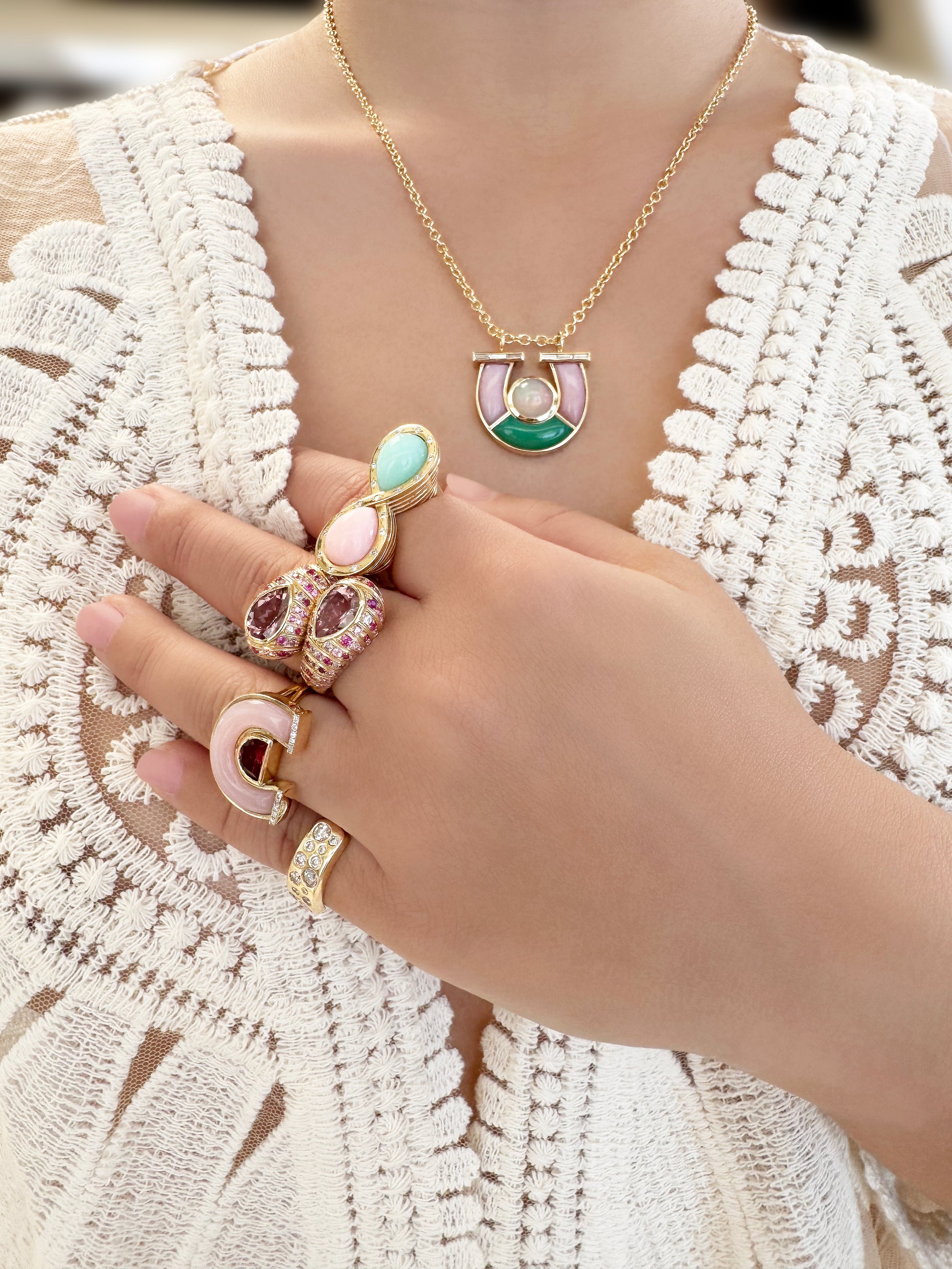 Sig Ward Jewelry Lifestyle 14K YG Morganite and Pink Sapphire Moi et Toi Ring featuring a romantic pairing of morganite and pink sapphire gemstones set in luxurious yellow gold for an elegant statement design.
