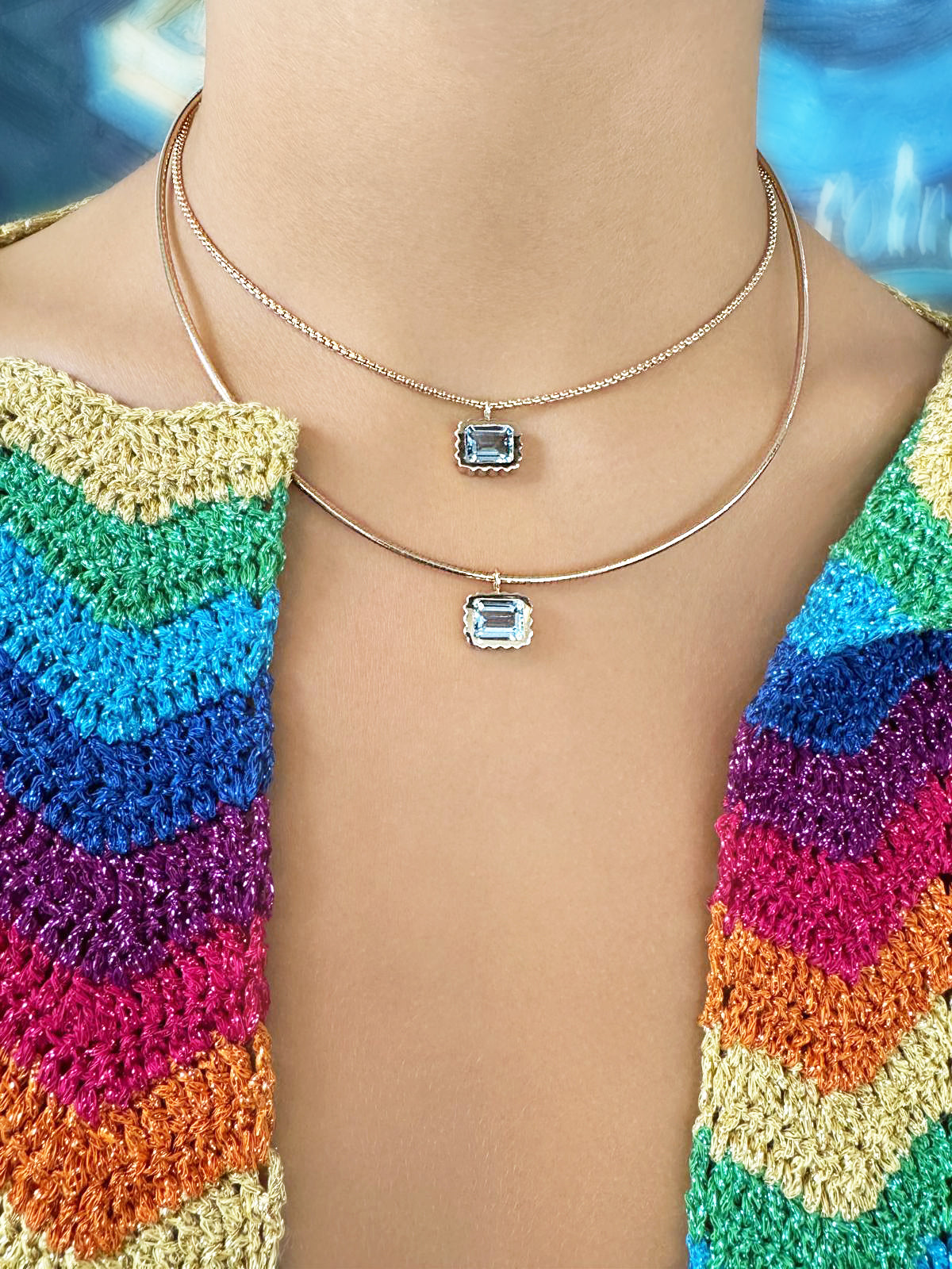 Sig Ward Jewelry Lifestyle 14K yellow gold Omega Mini Aquamarine Necklace featuring a bezel-set aquamarine gemstone with a refined modern design.