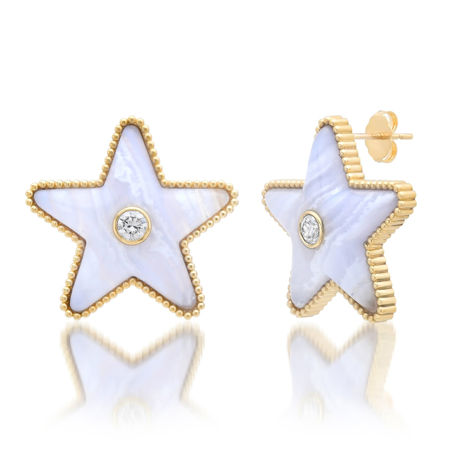 Sig Ward Jewelry Mega Star Power Lace Agate and Diamond Earrings featuring natural lace agate and brilliant diamonds in a bold celestial-inspired gold design for timeless luxury.