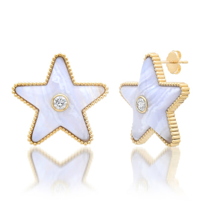 Sig Ward Jewelry Mega Star Power Lace Agate and Diamond Earrings featuring natural lace agate and brilliant diamonds in a bold celestial-inspired gold design for timeless luxury.