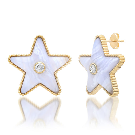 Sig Ward Jewelry Mega Star Power Lace Agate and Diamond Earrings featuring natural lace agate and brilliant diamonds in a bold celestial-inspired gold design for timeless luxury.