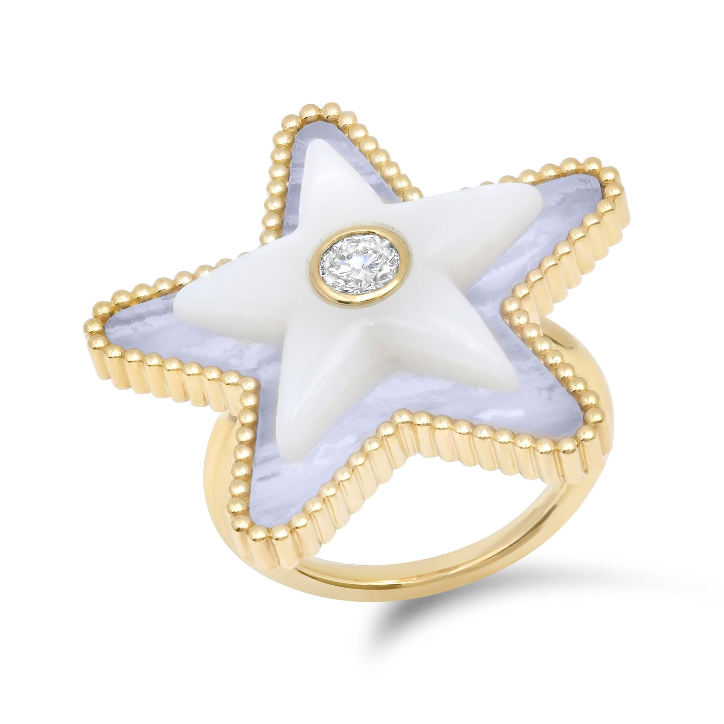 Front view of the Sig Ward Jewelry Mega Star Power Lace Agate, Mother of Pearl and Diamond Ring featuring natural lace agate, luminous mother of pearl, and brilliant diamonds in a bold celestial-inspired gold setting.
