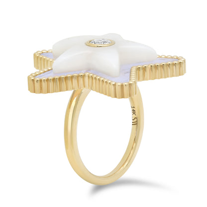 Side view of the Sig Ward Jewelry Mega Star Power Lace Agate, Mother of Pearl and Diamond Ring featuring natural lace agate, luminous mother of pearl, and brilliant diamonds in a celestial-inspired gold setting.
