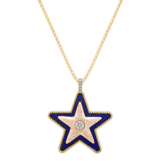 Close-up view of the Sig Ward Jewelry Mega Star Power Lapis, Petrified Wood and Diamond Necklace showcasing natural lapis lazuli, petrified wood, and brilliant diamonds in a luxurious celestial-inspired pendant.