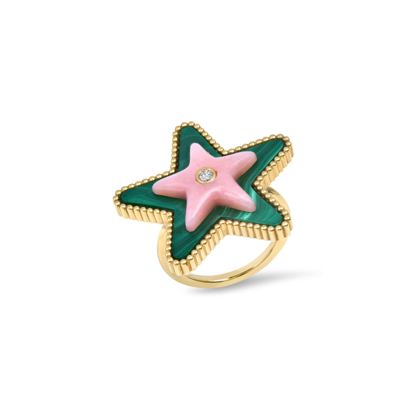 Front view of the Sig Ward Jewelry Mega Star Power Malachite, Pink Opal and Diamond Ring featuring natural malachite, pink opal, and brilliant diamonds in a bold celestial-inspired fine jewelry design.