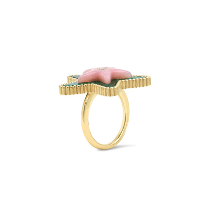 Side view of the Sig Ward Jewelry Mega Star Power Malachite, Pink Opal and Diamond Ring featuring natural malachite, pink opal, and brilliant diamonds in a bold celestial-inspired fine jewelry design.