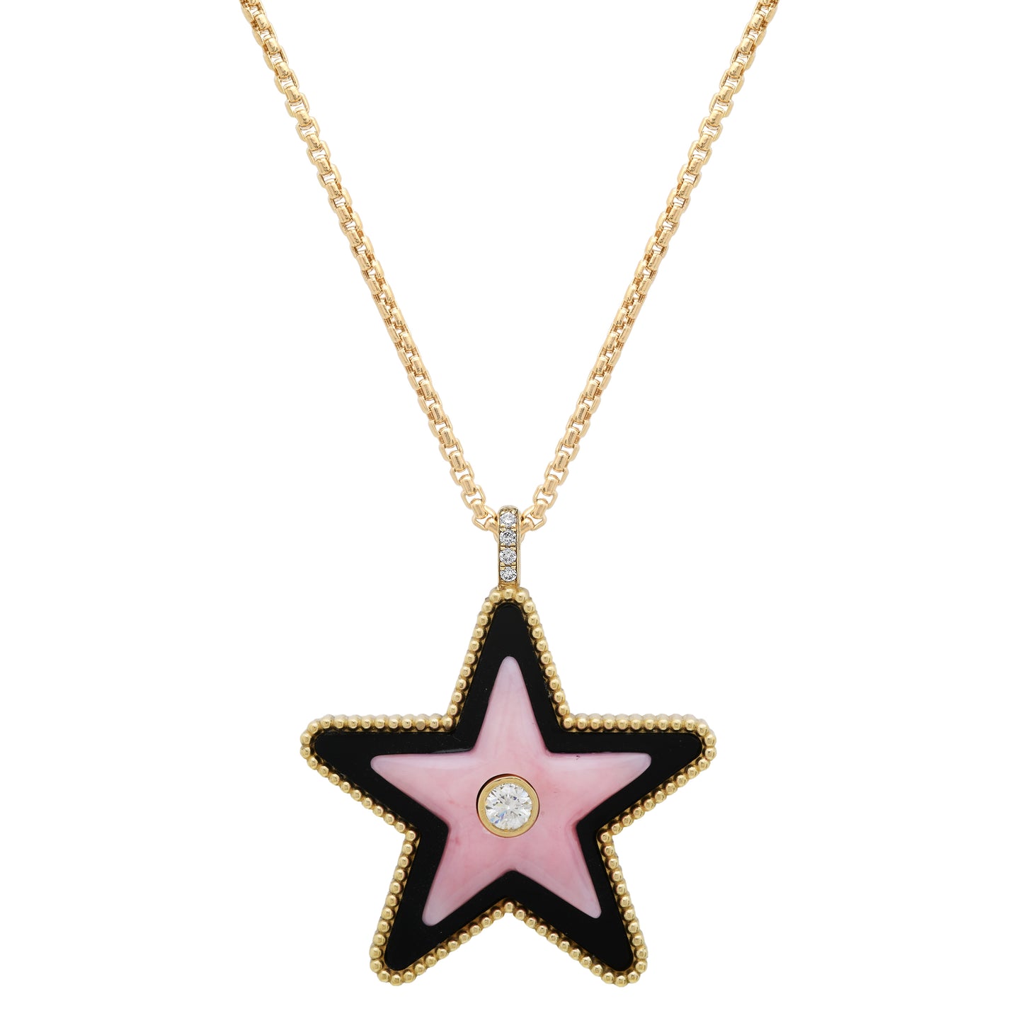 Closed up of the Sig Ward Jewelry Mega Star Power Onyx and Pink Opal and Diamond Necklace featuring natural black onyx, pink opal, and brilliant diamonds in a bold celestial-inspired pendant crafted for modern luxury.