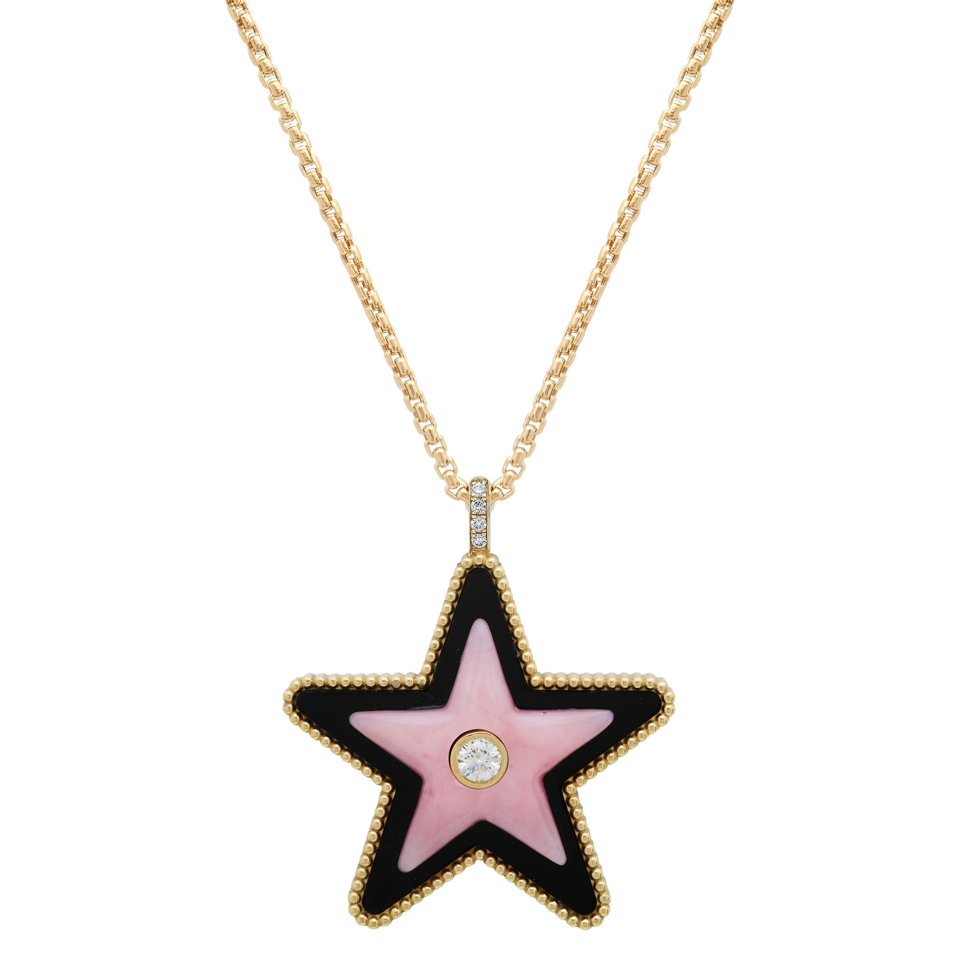 Closed up of the Sig Ward Jewelry Mega Star Power Onyx and Pink Opal and Diamond Necklace featuring natural black onyx, pink opal, and brilliant diamonds in a bold celestial-inspired pendant crafted for modern luxury.