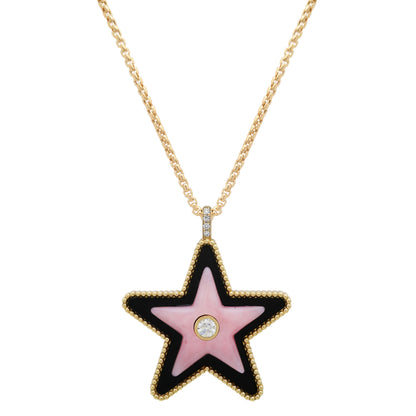 Closed up of the Sig Ward Jewelry Mega Star Power Onyx and Pink Opal and Diamond Necklace featuring natural black onyx, pink opal, and brilliant diamonds in a bold celestial-inspired pendant crafted for modern luxury.