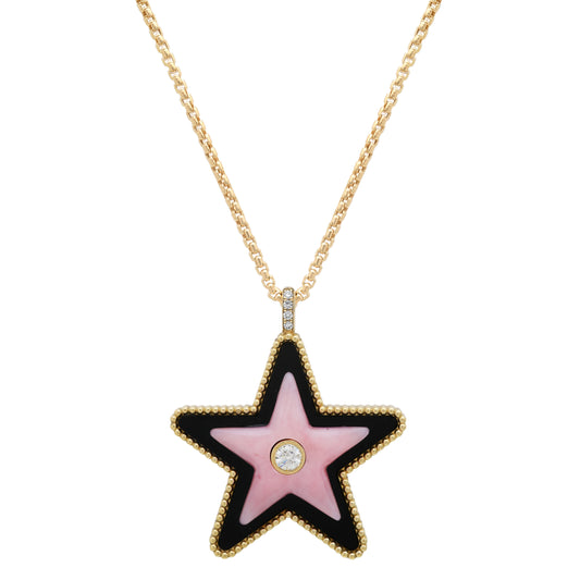 Closed up of the Sig Ward Jewelry Mega Star Power Onyx and Pink Opal and Diamond Necklace featuring natural black onyx, pink opal, and brilliant diamonds in a bold celestial-inspired pendant crafted for modern luxury.