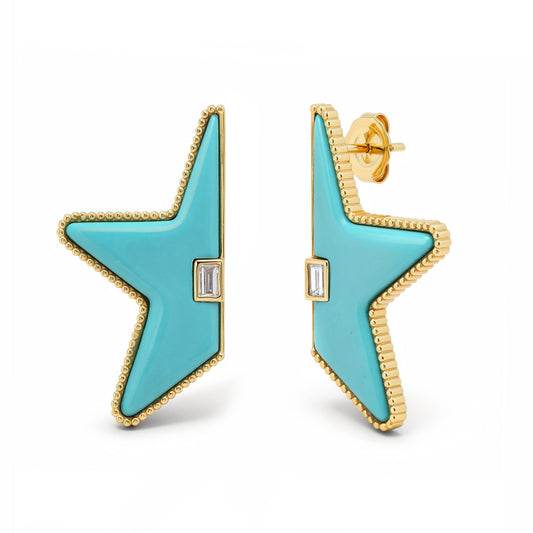 Sig Ward Jewelry Minty Turquoise and Diamond Baguette Half Star Earrings