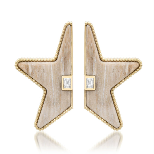 Sig Ward Jewelry Mega Star Power Split Petrified Wood and Baguette Diamond Earrings featuring natural petrified wood and sparkling baguette diamonds in a bold celestial-inspired gold design.
