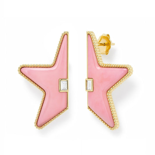 Sig Ward Jewelry 14K Yelow Gold Pink Opal with Diamond Baguette Half Star Power Earrings