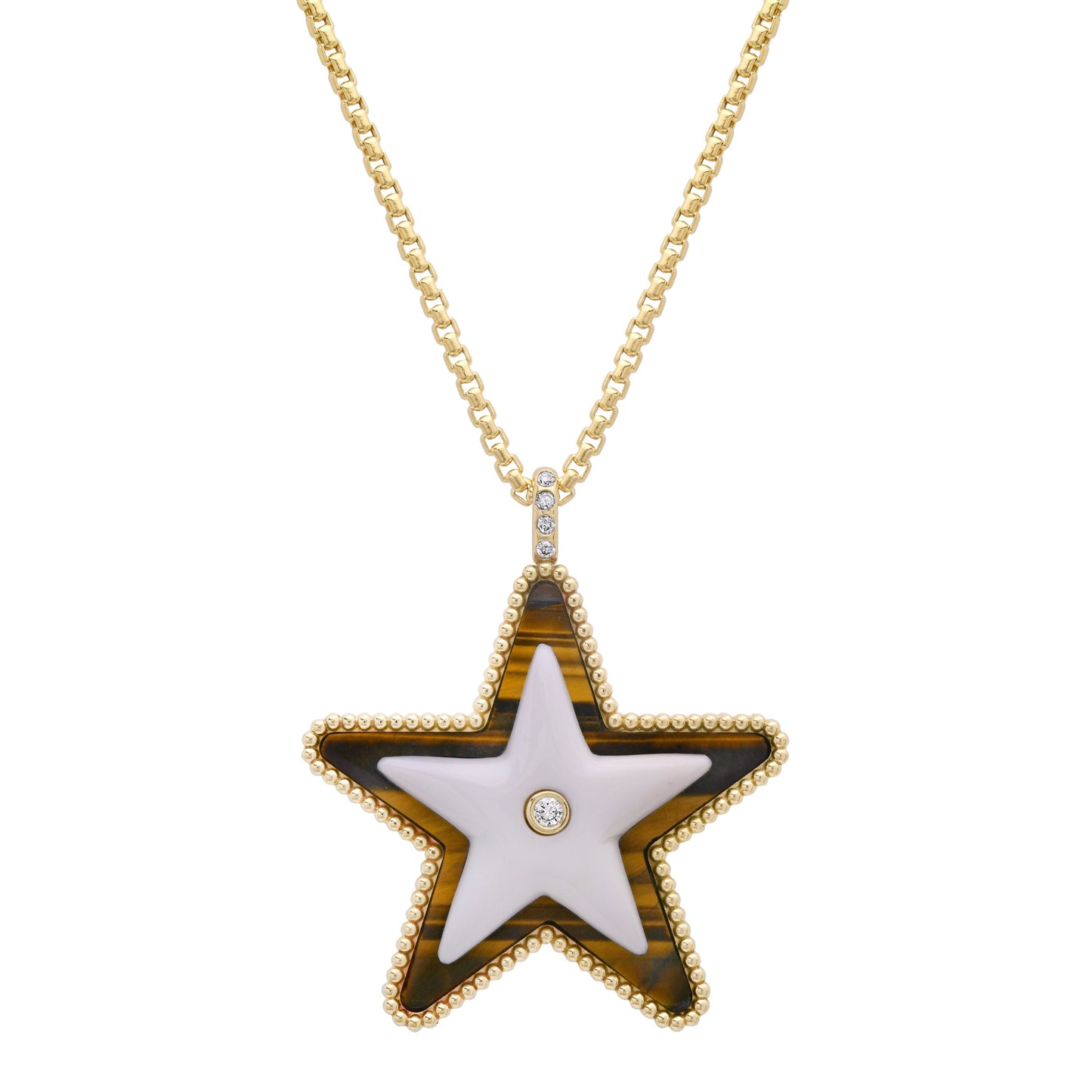 Sig Ward Jewelry Mega Star Power Tiger's Eye, White Agate and Diamond Necklace featuring natural tiger's eye, white agate, and brilliant diamonds in a celestial-inspired gold pendant for timeless luxury.