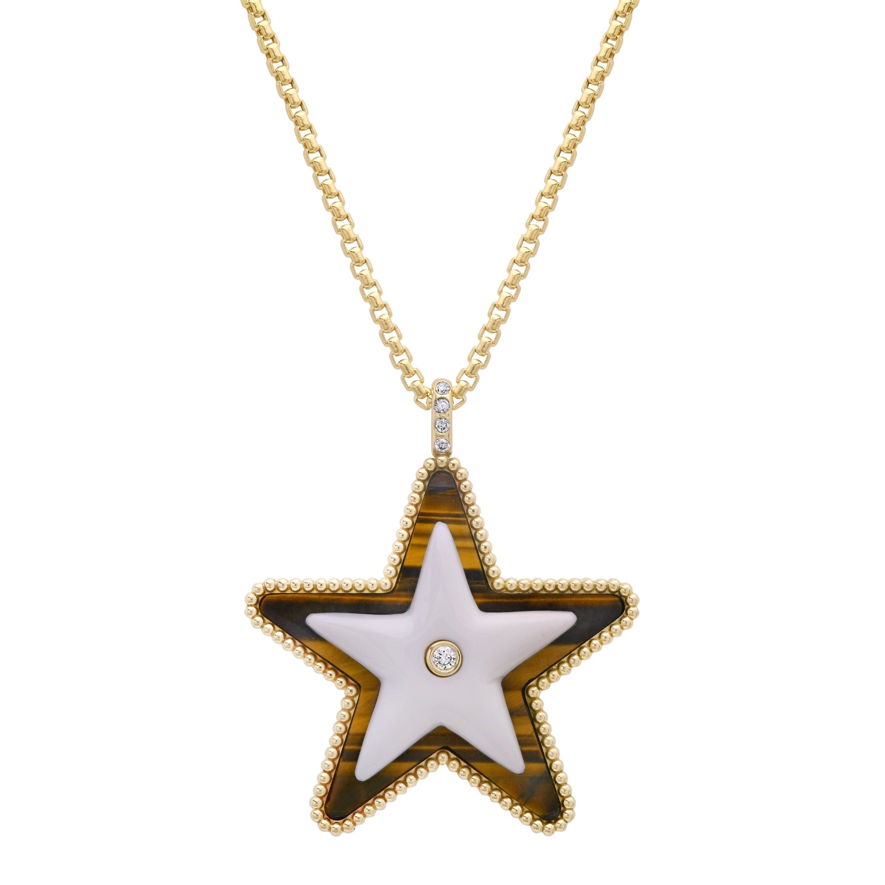 Sig Ward Jewelry Mega Star Power Tiger's Eye, White Agate and Diamond Necklace featuring natural tiger's eye, white agate, and brilliant diamonds in a celestial-inspired gold pendant for timeless luxury.