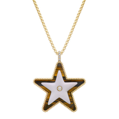 Sig Ward Jewelry Mega Star Power Tiger's Eye, White Agate and Diamond Necklace featuring natural tiger's eye, white agate, and brilliant diamonds in a celestial-inspired gold pendant for timeless luxury.
