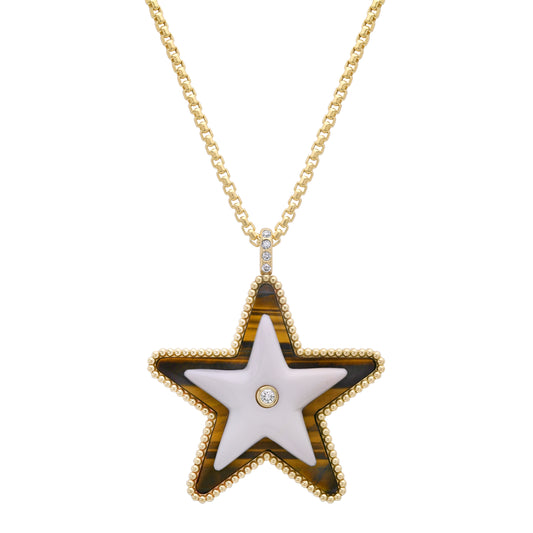 Sig Ward Jewelry Mega Star Power Tiger's Eye, White Agate and Diamond Necklace featuring natural tiger's eye, white agate, and brilliant diamonds in a celestial-inspired gold pendant for timeless luxury.