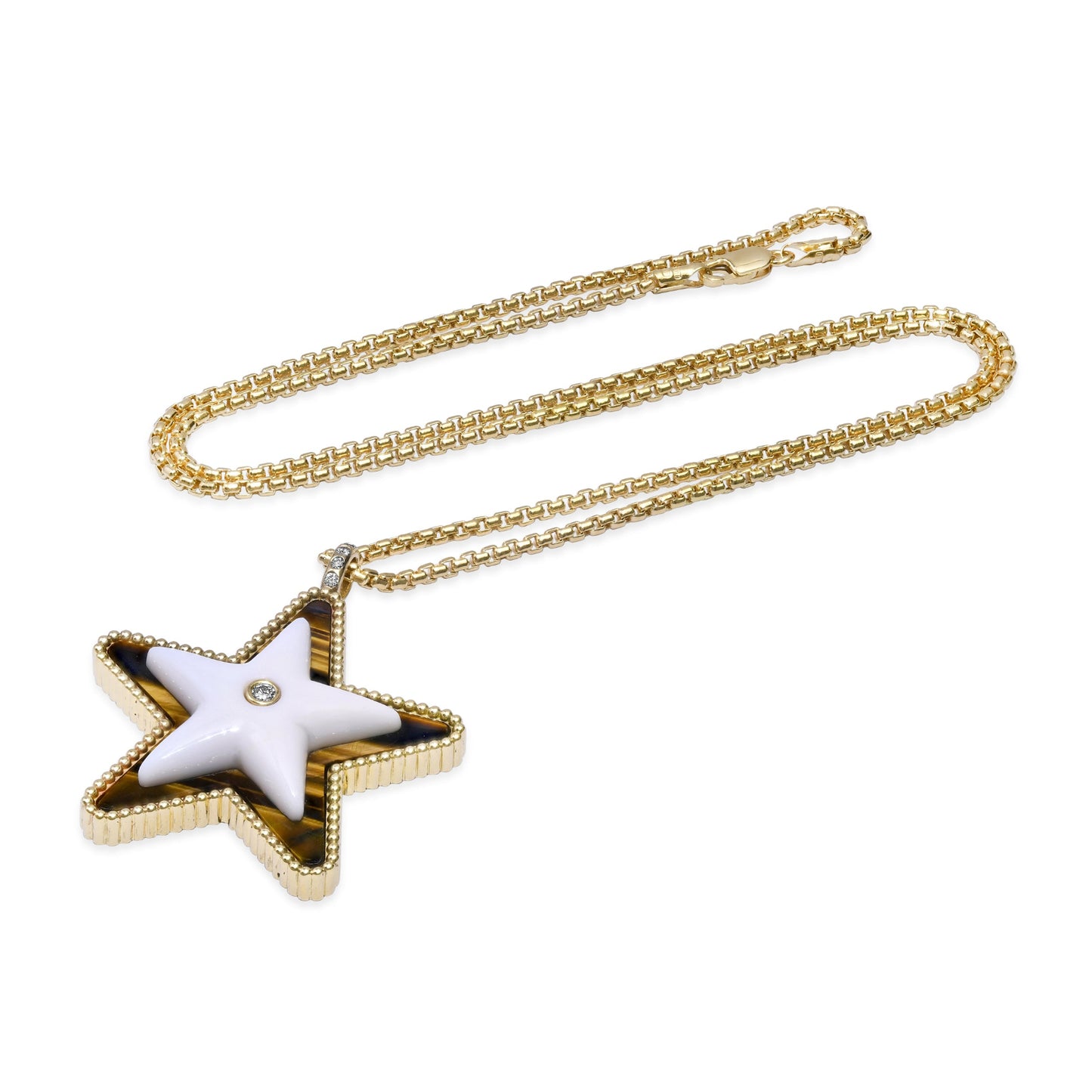 Sig Ward Jewelry Mega Star Power Tiger's Eye, White Agate and Diamond Necklace featuring natural tiger's eye, white agate, and brilliant diamonds in a bold celestial-inspired gold pendant.