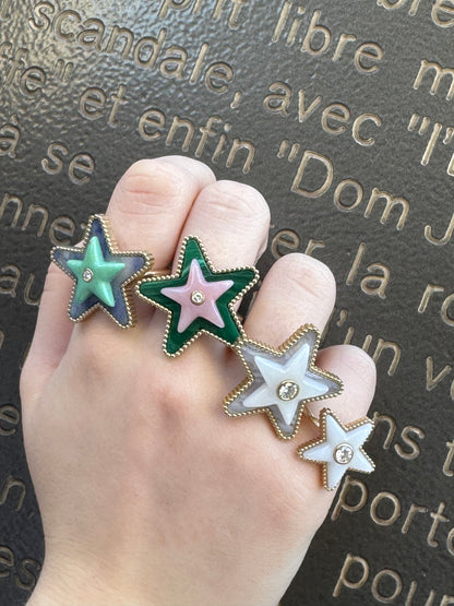 Sig Ward Jewelry Mega Star Power ring collection featuring the Tolite, Minty Turquoise and Diamond Ring alongside the Malachite, Pink Opal and Diamond Ring, showcasing vibrant natural gemstones, brilliant diamonds, and bold celestial-inspired designs crafted in fine jewelry for modern luxury.