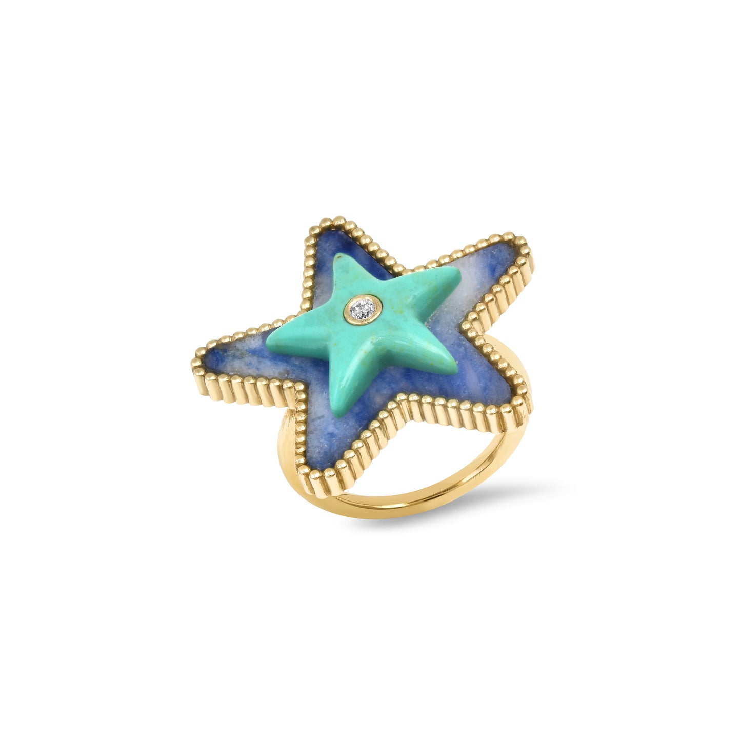 Front view of the Sig Ward Jewelry Mega Star Power Tolite, Minty Turquoise and Diamond Ring featuring natural tolite, minty turquoise, and brilliant diamonds in a bold celestial-inspired fine jewelry design.