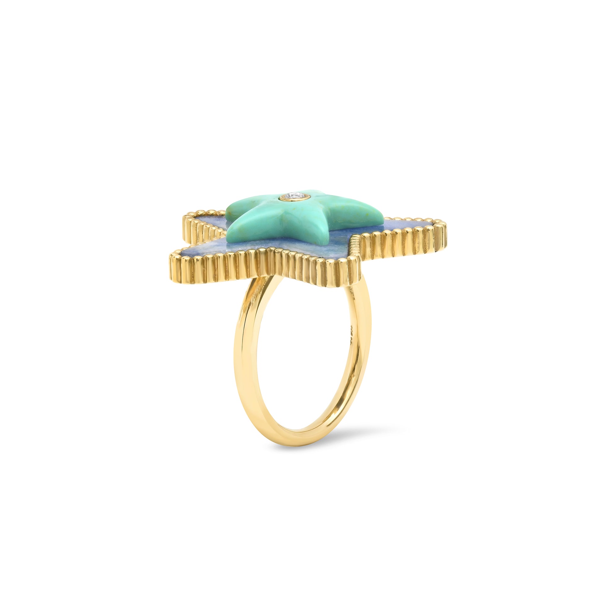 Side view of the Sig Ward Jewelry Mega Star Power Tolite, Minty Turquoise and Diamond Ring featuring natural tolite, minty turquoise, and brilliant diamonds in a bold celestial-inspired fine jewelry design.