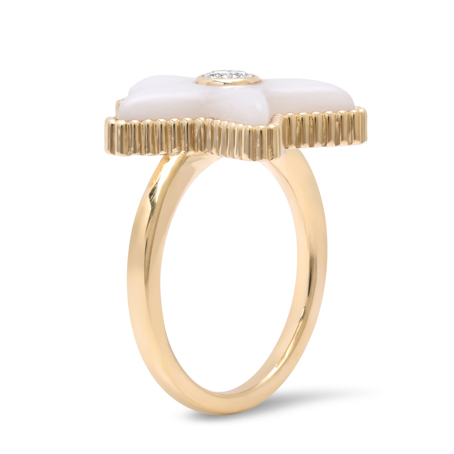 Side view of the Mini Star Power Mother of Pearl and Diamond Ring by Sig Ward Jewelry in 14K gold, featuring a mother-of-pearl inlay, natural diamonds, and sculptural band details from the Star Power Collection.