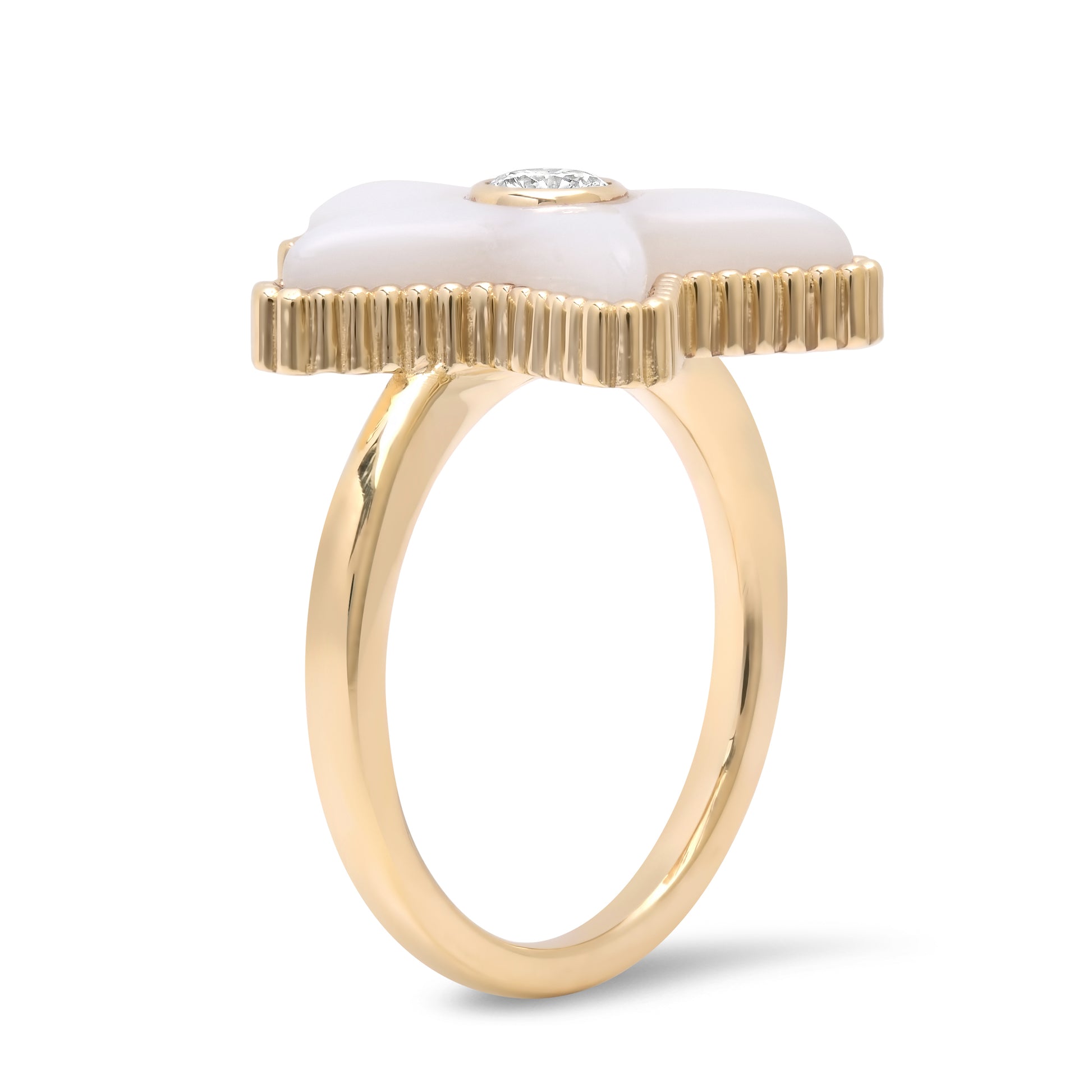 Side view of the Mini Star Power Mother of Pearl and Diamond Ring by Sig Ward Jewelry in 14K gold, featuring a mother-of-pearl inlay, natural diamonds, and sculptural band details from the Star Power Collection.
