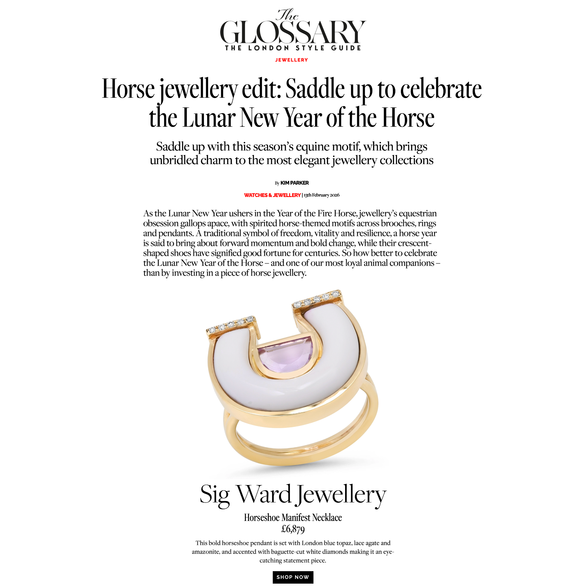 Sig_Ward_Jewelry_Press_Horseshoe_The_Glossary_14K YG Amethyst, White Agate and Diamond Horseshoe Ring on model