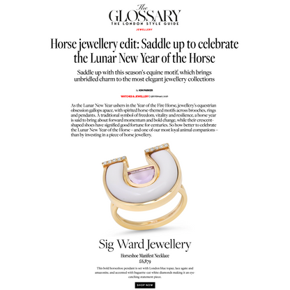 Sig_Ward_Jewelry_Press_Horseshoe_The_Glossary_14K YG Amethyst, White Agate and Diamond Horseshoe Ring on model