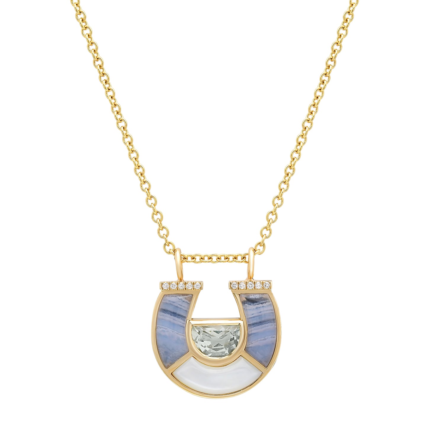 Sig Ward Jewelry 14K Yellow Gold Prasolite, Lace Agate, White Mother of Pearl and Diamond Horseshoe Necklace featuring natural prasolite, lace agate, white mother of pearl, and brilliant diamonds in an elegant horseshoe pendant.