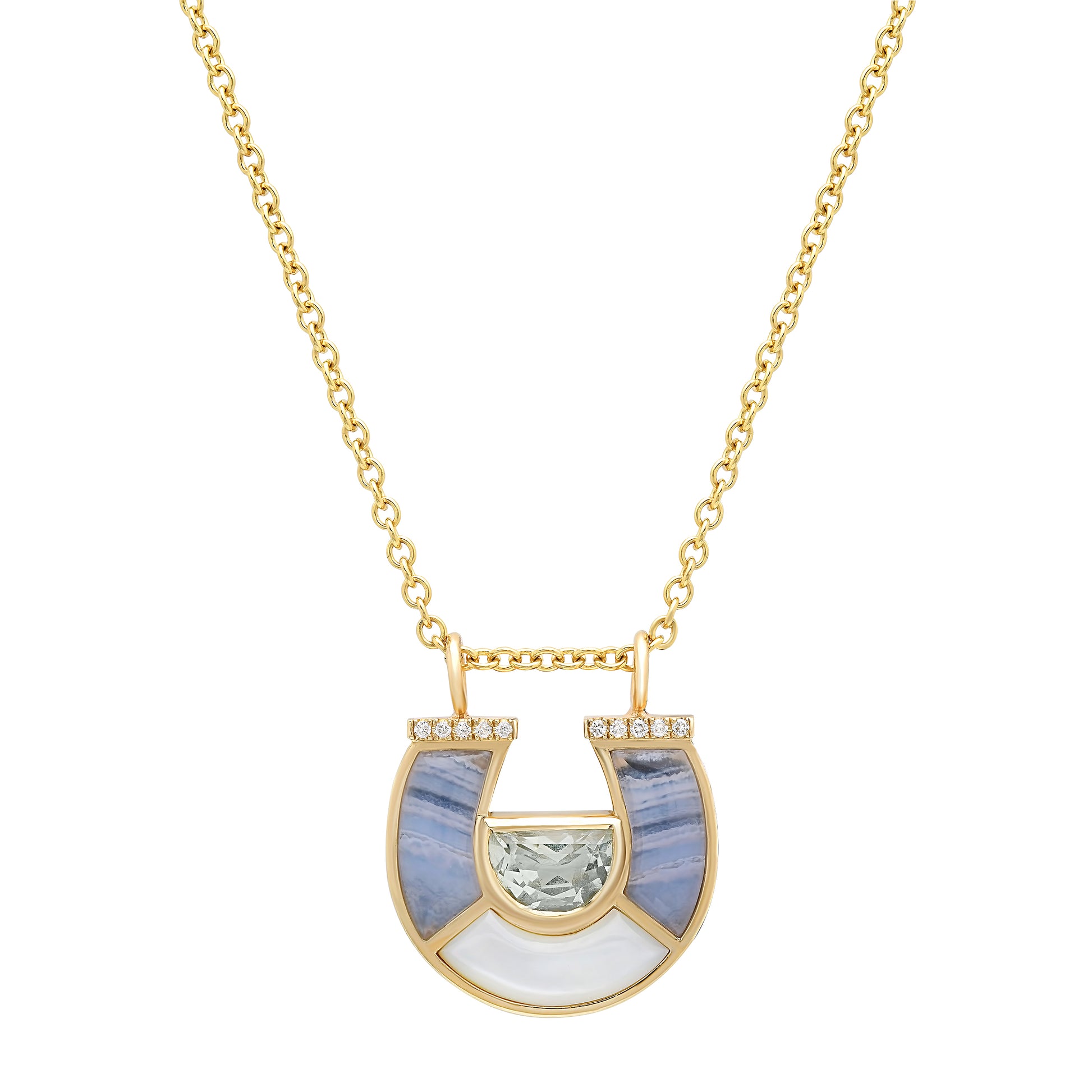 Sig Ward Jewelry 14K Yellow Gold Prasolite, Lace Agate, White Mother of Pearl and Diamond Horseshoe Necklace featuring natural prasolite, lace agate, white mother of pearl, and brilliant diamonds in an elegant horseshoe pendant.