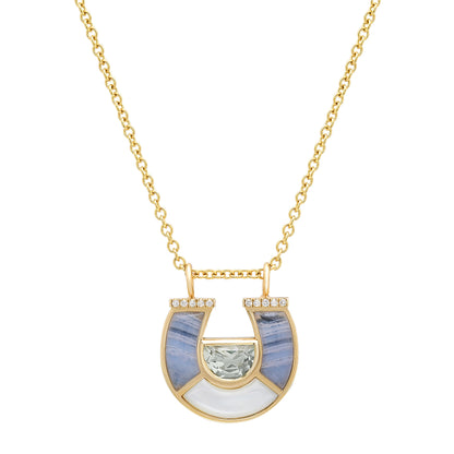 Sig Ward Jewelry 14K Yellow Gold Prasolite, Lace Agate, White Mother of Pearl and Diamond Horseshoe Necklace featuring natural prasolite, lace agate, white mother of pearl, and brilliant diamonds in an elegant horseshoe pendant.