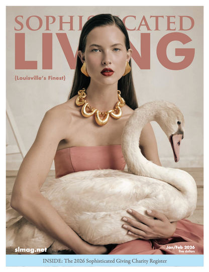 Editorial image from Sophisticated Living Magazine featuring the 14K yellow gold Pink Opal, Coral, and Diamond Infinity Necklace by Sig Ward Jewelry, showcasing natural pink opal and coral gemstones with diamond accents in a luxury infinity pendant design.