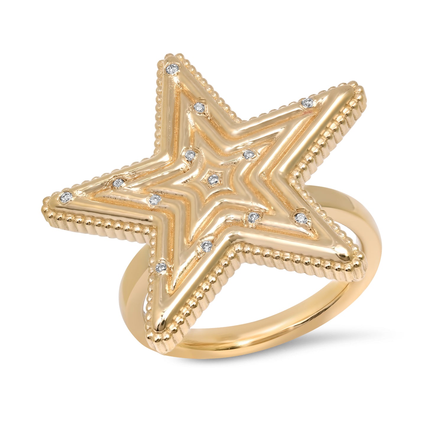 Side view of the Star Power Diamond Ring by Sig Ward Jewelry in 14K gold, showcasing the sculptural band, natural gemstones, and baguette diamond details from the Star Power Collection.